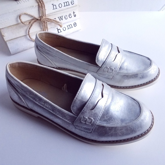 Metallic Silver Penny Loafers - Picture 1 of 8